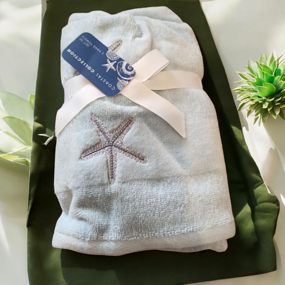 Coastal Collection 2pc Hand Towels Starfish Embroidered Beach Sealife    Aqua